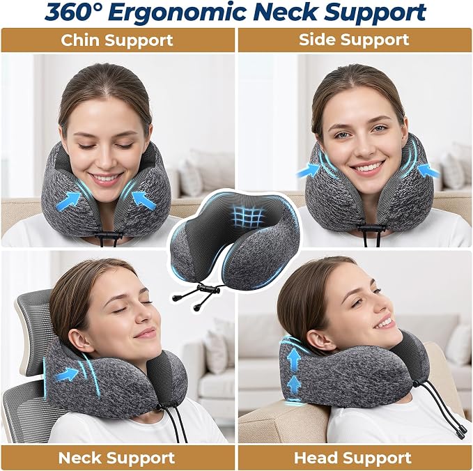 ExploreBliss Travel Pillow, Neck Pillow Airplane, Grey & Light Grey | Travel Pillows for Airplanes, Neck Pillow Airplane, Memory Foam Neck Pillow Set with Eye Mask, Earplugs - Image 4