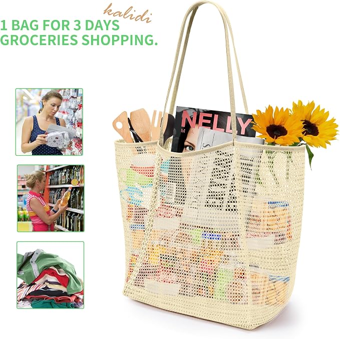 KALIDI Beach Mesh Tote Bag, Casual MAX 23L Summer Foldable Hobo Bag Women | Sandproof Widen Strap Large Shoulder Bag For Lake Pool Vacation Travel Picnic Grocery Market Shopping Carrier - Image 4