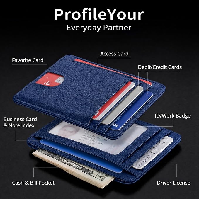 Slim Minimalist Front Pocket RFID Blocking Leather Credit Card Holder, Small Compact Wallet with ID Window for Men and Women (Blue) - Image 6