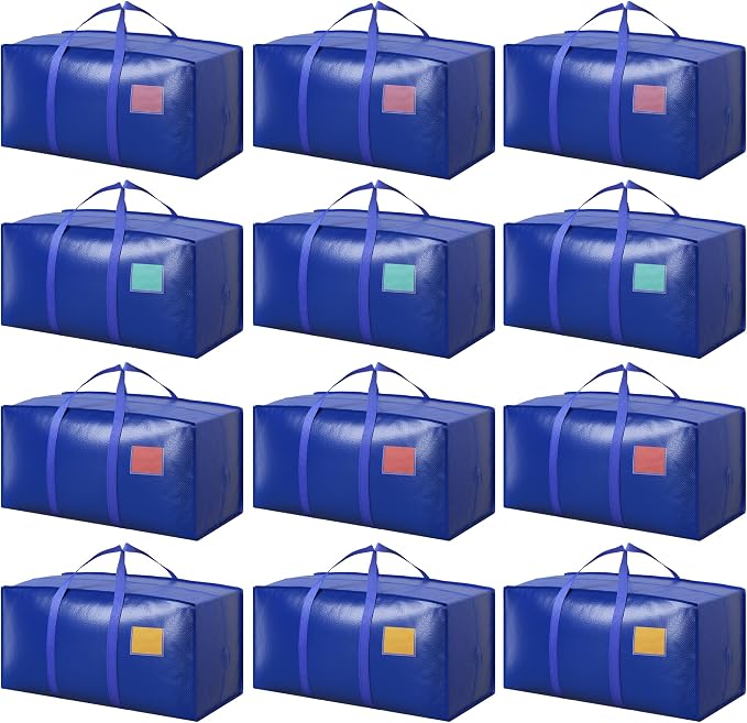 12 Pack Moving Bags with Full-Open Side Zipper, Extra Large 93L Heavy Duty Waterproof Foldable Storage Totes for College Dorm, Moving & Home Organization Blue by RMOHRO