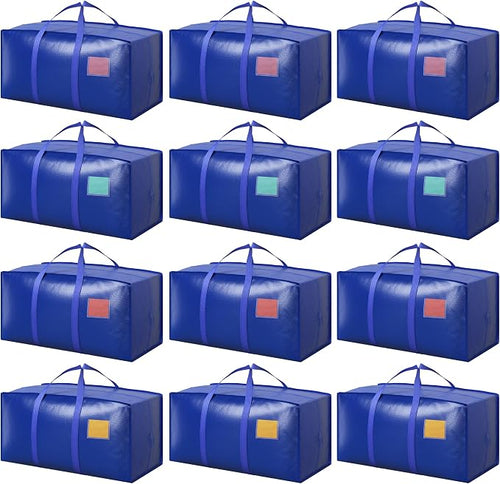 12 Pack Moving Bags with Full-Open Side Zipper, Extra Large 93L Heavy Duty Waterproof Foldable Storage Totes for College Dorm, Moving & Home Organization Blue by RMOHRO