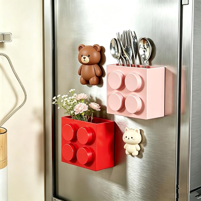Magnetic Basket Organizer for Fridge - Lego-Style ABS Plastic Storage Box,No Drill Design for Kitchen Counter, Microwave & Whiteboard, Holds Up to 3.5 lbs(Pink) - Image 4