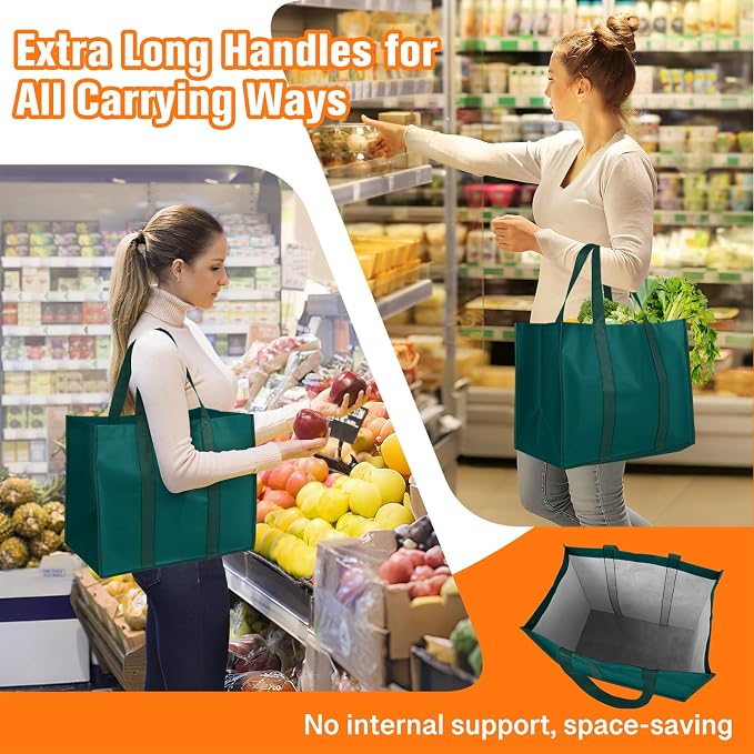 WISELIFE Reusable Grocery Bags, Foldable, Lasting Use, 35L, 3 Pack, Green | Large Shopping Bags with Reinforced Stitching, Water-Resistant Grocery Totes for Kitchen, Market, Car Trunk, Picnic - Image 3