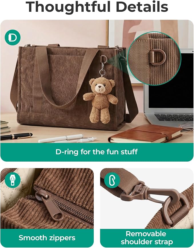 BAGSMART Corduroy Tote Bag for Women, Small College Teacher Laptop Handbag | Fits 14 inch Laptop, 40oz Tumbler Holder, Soft Corduroy Bag with Crossbody Strap for Daily, Work, Flight Travel, Hand Wash - Image 9
