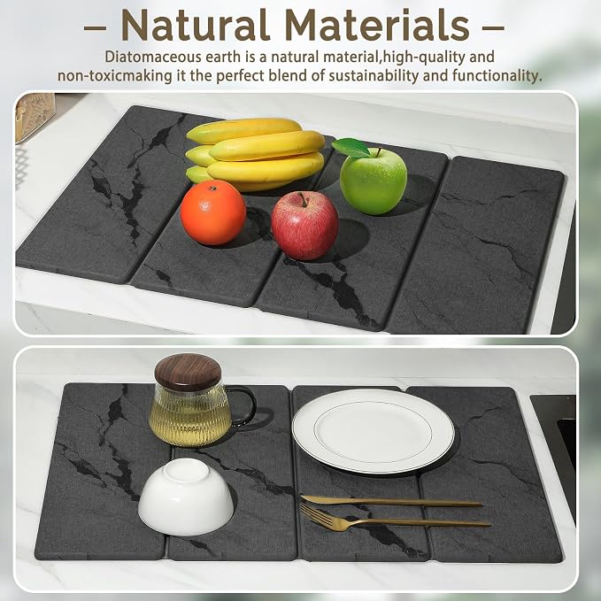Large Stone Dish Drying Mat for Kitchen Counter, 2 PCS Quick Dry Stone Mats, Foldable Water Absorbing Diatomaceous Earth Drying Dishes Pad for Countertop Bottles Utensils Cup(Dark gray 24"x16"&8"x4") - Image 6