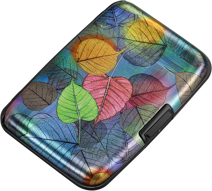 Mini RFID Aluminum Wallet Credit Cards Holder Business Card Case Metal ID Case for Men Women（Colorful Leaves by ELFISH