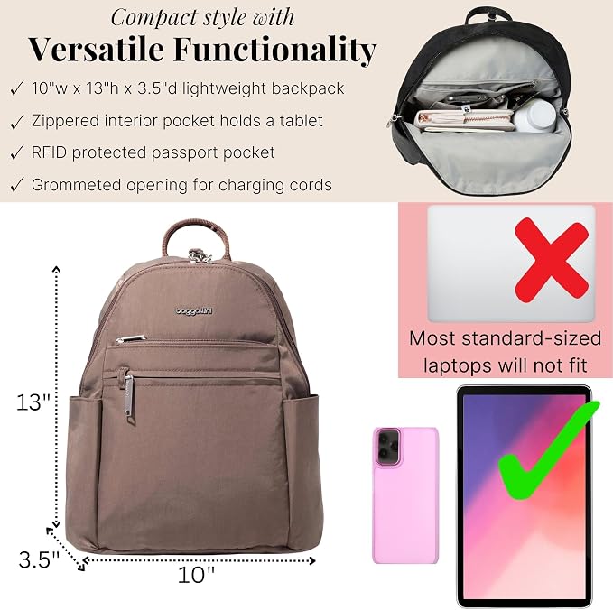 Baggallini Securtex® Anti-theft Vacation Travel Backpack 10x13 Slash-Resistant Nylon Daypack w/RFID, Portobello - Image 4