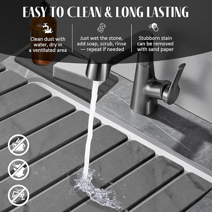 Large Stone Dish Drying Mat for Kitchen Counter, Quick Dry Dish Drying Mats, Foldable Absorbent Diatomaceous Earth Mats for Dishes Bottles Cup, Match Any Countertop (Gray Marble 28"×16" & 8"x4") - Image 5