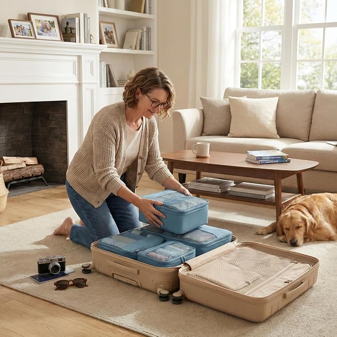 4 Piece Compression Packing Cubes for 3–7 Day Travel, Gray Blue | Wrinkle-Resistant Memory Fabric, Breathable Mesh Panel, Double-Zipper, Small to Large Size Bag, Smart Organization - Image 8
