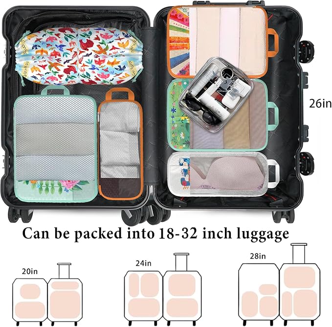 Compression Packing Cubes for Travel, 7 Set Natural Life Expandable Mesh Luggage Organizers, Waterproof Expandable/Compression Bags Bohemia Travel Packing Cubes with Clear Toiletry Bag - Image 6