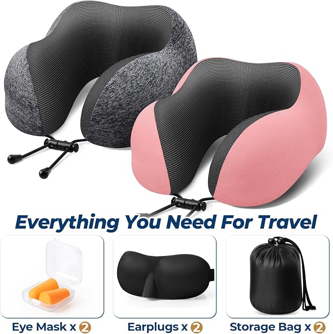 ExploreBliss Travel Pillow, Neck Pillow Airplane, Grey & Pink | Travel Pillows for Airplanes, Neck Pillow Airplane, Memory Foam Neck Pillow Set with Eye Mask, Earplugs - Image 2