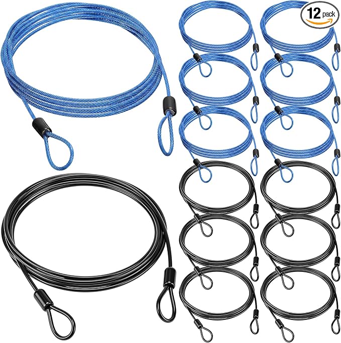 12 Pack Security Cable Luggage Lock with Loops 7 ft 3mm Braided Steel Coated Bike Cable Wire Double Loop Anti Theft Safety for U Lock, Padlock and Disc(Black,Blue) by Fiada