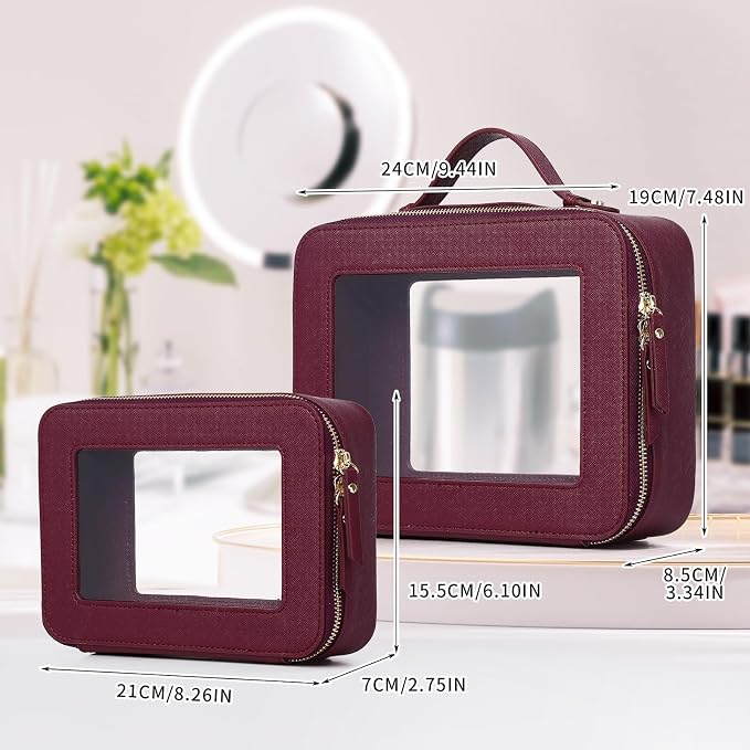 Pinkmik Clear Makeup Bag, (Burgundy, M+L) | 2PC,Waterproof, Travel Cosmetics and Toiletries Case, Portable Makeup Organizer, Clear Car Bag with Zipper - Image 2