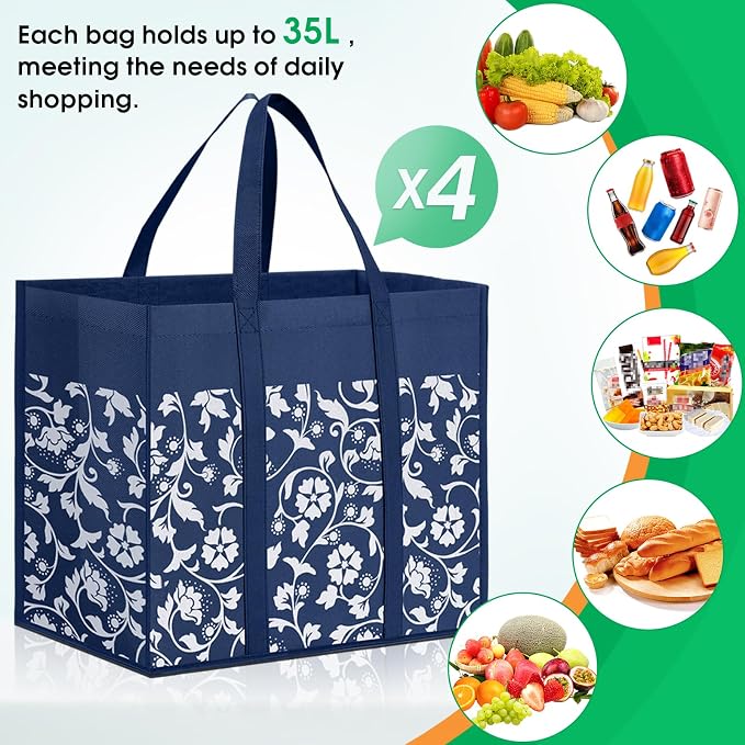 Reusable Grocery Bags Foldable Tote Bags Bulk Shopping Bags 4-Pack, Blue | Reinforced Handles Shopping Bags for Groceries Heavy Duty Kitchen Reusable Grocery Bags with Waterproof Coating - Image 4