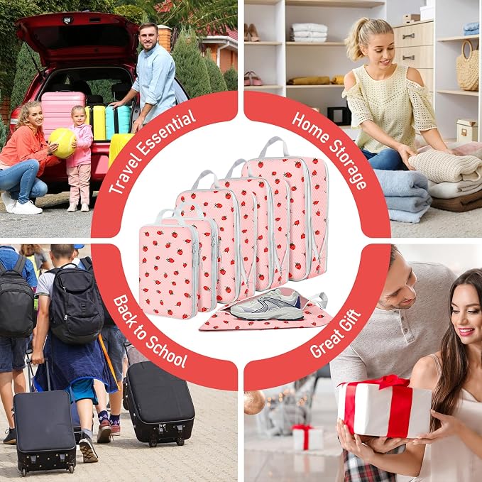 6 Set Compression Packing Cubes, Suitcase Organizer, Lightweight Travel Essentials, Compression Bags For Travel Accessories Luggage Storage Set (6Pcs, Pink Strawberries) - Image 7