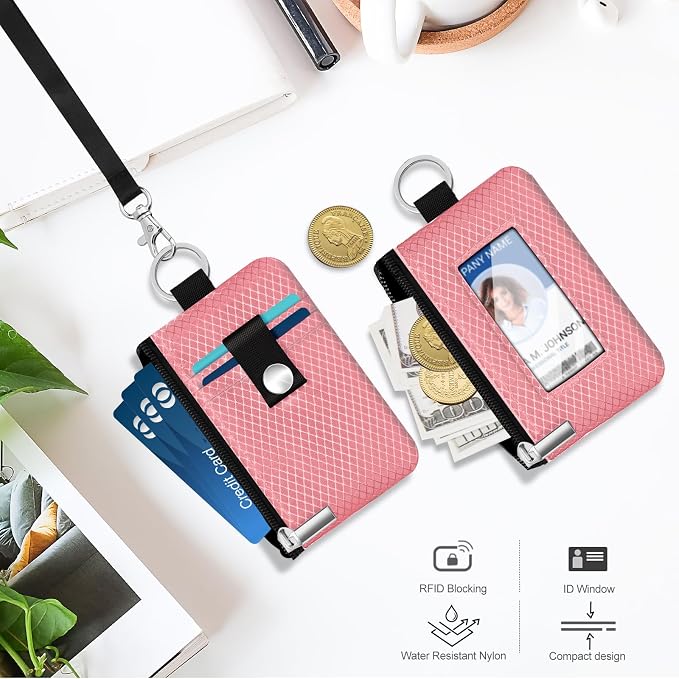 Minimalist RFID Blocking Small Wallet with ID Window,WaterResistant Zip Id Case Wallet with Lanyard Keychain for Cards,Cash,Travel,Women,Men (Pink) - Image 8