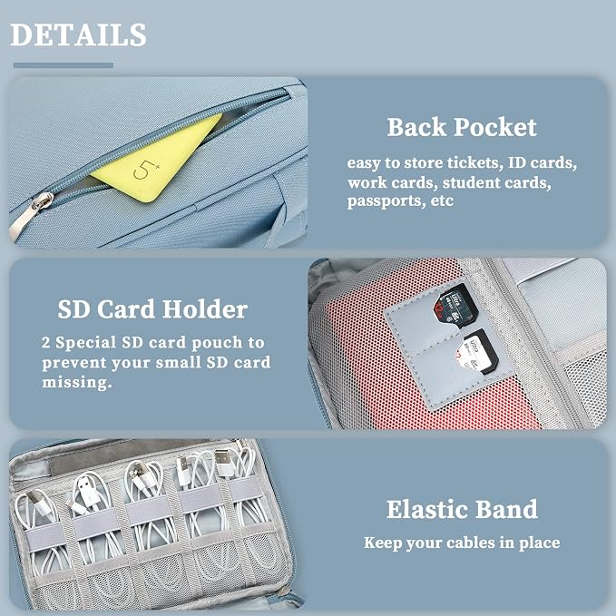 Lanola Custom Personalized Travel Cable Organizer Bag, Electronic Accessories Case Portable Double Layer Cable Storage Bag with DIY Dividers & Custom Photo Text - Light blue - Image 6