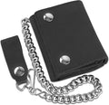 RFID Blocking Men's Tri-fold Vintage Biker Cowhide Leather Steel Chain Wallet,Snap closure, Made In USA,tc315-solid black by FLCLASSIC