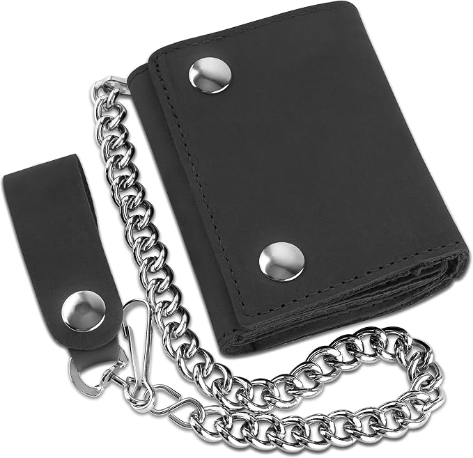 RFID Blocking Men's Tri-fold Vintage Biker Cowhide Leather Steel Chain Wallet,Snap closure, Made In USA,tc315-solid black by FLCLASSIC