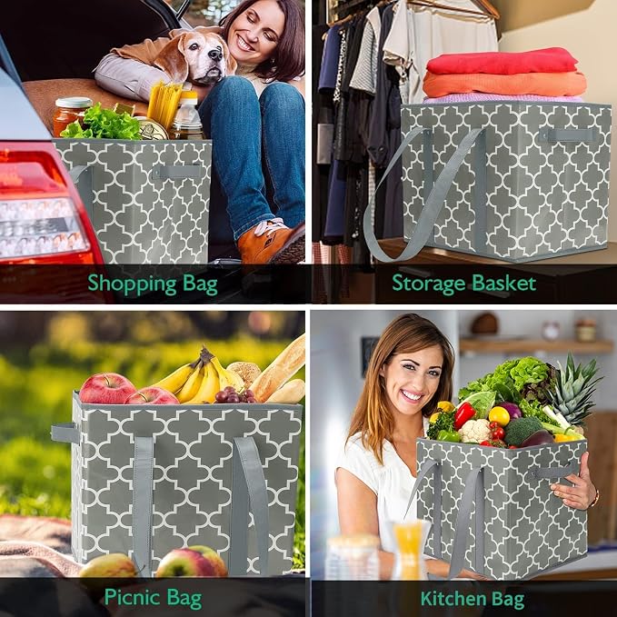 WISELIFE 3-Pack Reusable Grocery Bags Foldable Washable Storage Bins Basket Water Resistant Shopping Utility Tote Bag Grey - Image 2
