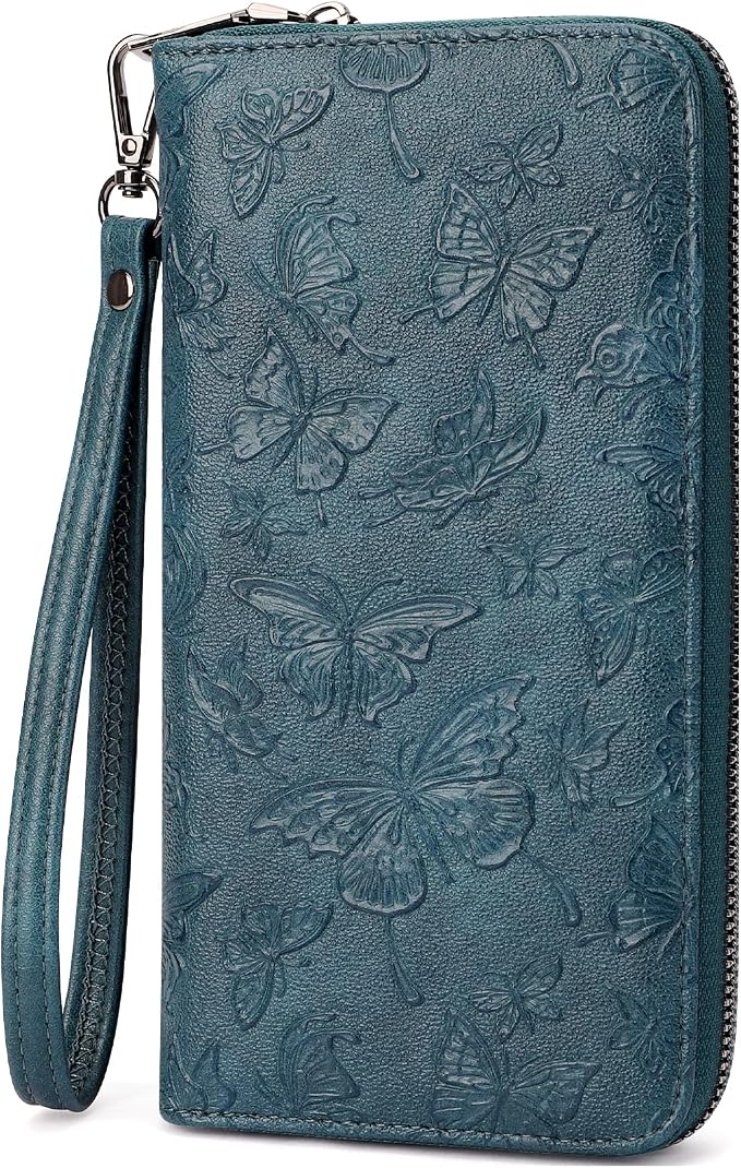 BELTANA Wallet Women RFID Blocking Large Capacity Wristlet Wallets for Women Butterfly Embossed Vegan Leather Clutch Purses with Card & Passport Holder (Peacock-Blue-Butterfly) by BestSeller