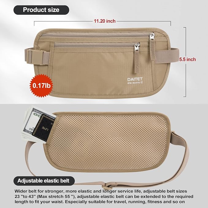 Money Belt - Passport Holder Secure Hidden Travel Wallet with RFID Blocking, Undercover Fanny Pack (Beige) - Image 4