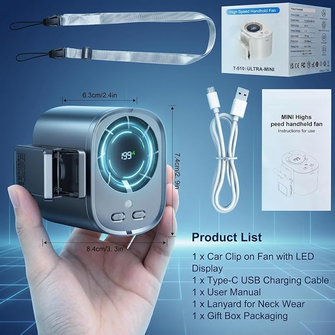 Portable Clip on Air Conditioner Fan for Car with LED Display, 360° Rotation 199 Speeds Mini Cooling Fans, USB Rechargeable 1500mAh Battery Powered Personal Fan for Car Vehicle Stroller Office Camping - Image 9