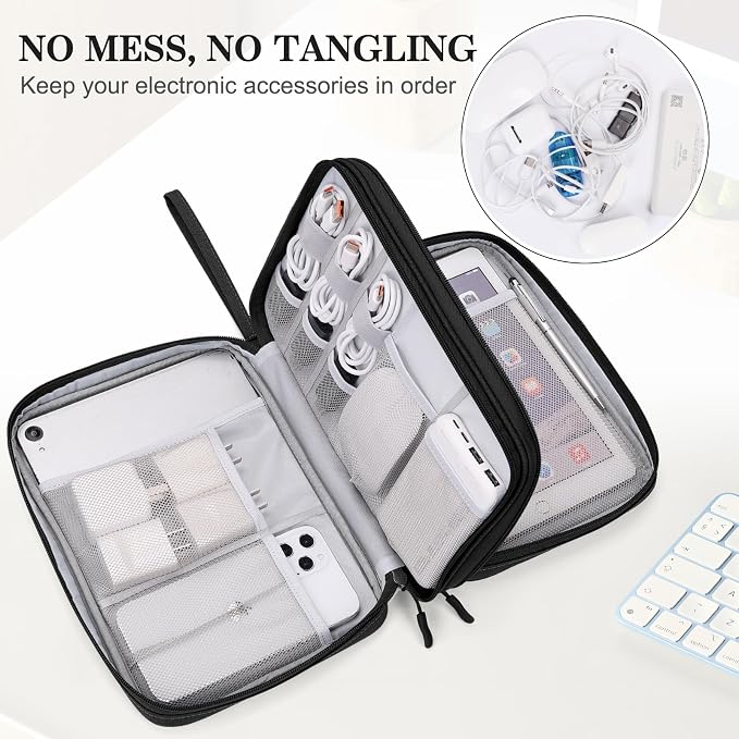 FYY Electronic Organizer, Travel Tech Pouch Bag, Extra Large, Black | Wrist Strap, Waterproof, Double Layers Electronics Travel Case for iPad, Cord, Laptop Charger, Daily and Business Trips Use - Image 5