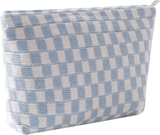 Cosmetic Bags for Women - Corduroy Cosmetic Bag Aesthetic Women Handbags Purses Smile Dots Makeup Organizer Storage Makeup Bag Girls Case Bags (Q-Checkered blue) by Gardsell