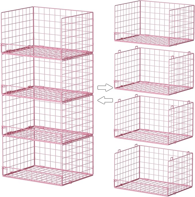 4-Tier Closet Organizers and Storage, Stackable Closet Organizer Basket, Foldable Closet Shelf Organizer Basket, Stackable Storage Bins and Organizer Shelves for Home Closet Organizer System, Pink by FollowWithYociyogaTogether