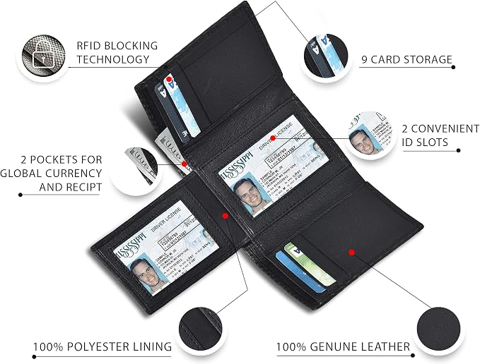 Real Leather Mens Trifold Wallet RFID Blocking Slim Minimalist Front Pocket - Thin & Stylish with ID Window in Gift Box - Image 2
