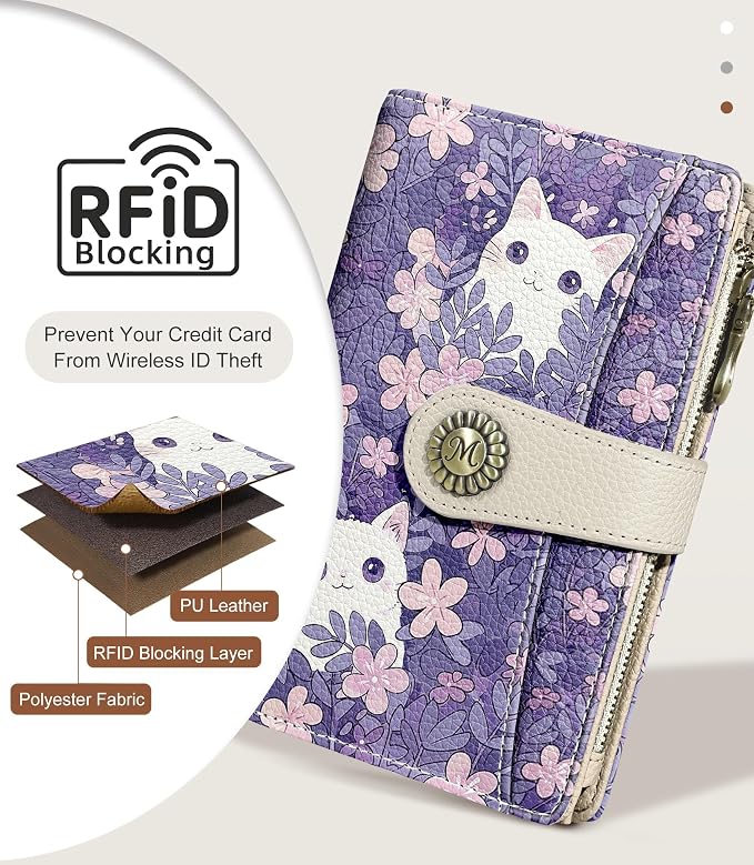 White Cat Wallet Women RFID, Passport Holder, Credit Card Holder | 6.7" x 4.4" x 1.3" Bifold, Travel billfold, Zipper Pocket, PU Leather, Clutch, Purse, ID Window, Pen Holder, Gift Ladies Girl - Image 4