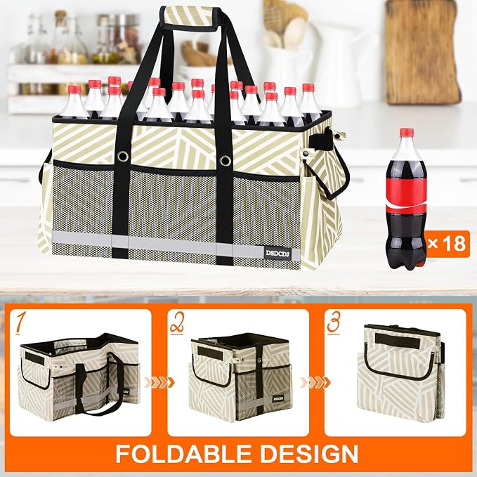 Extra Large Utility Tote Bag with Reflective Strip, Standing Reusable Grocery Bags with Hard Bottom, Collapsible Utility Tote with Handles for Shopping, Beach, Picnics, Car, Striped Gray - Image 5