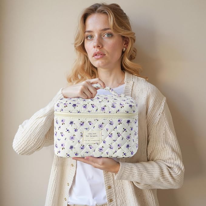 HBselect Quilted Makeup Bag, 3Pcs Cotton Large Travel Makeup Bags Organizer | Cute Floral Make up Bag Cosmetic Bag Toiletry Bag for Women Girls, Makeup Pouch for Skincare, Brushes & Travel Essentials - Image 7