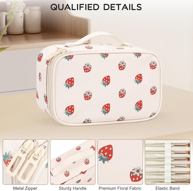 Relavel Small Makeup Bag, 2 Layers Make Up Bag for Women Girls | Travel Cosmetic Bag with Handle, Makeup Organizer Storage with 3 Brush Holders, White Straberry - Image 5