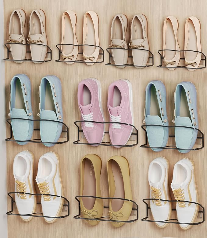 10Pack Wall Mounted Shoe Rack with Sticky Hanging Strips (Black) | Very Easy to Install no Need to Drill Hanging Shoe Organizer, for RV, Door,Entryway, Bathroom, Living Room, Mud Room, Laundry by PrimZootyDesign