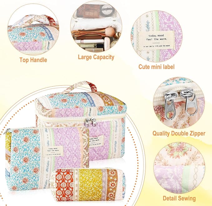 URSKYTOUS 3Pc Cotton Quilted Makeup Bags for Women Large Small Coquette Floral Travel Cosmetic Bag Set Aesthetic Cute Flower Makeup Pouch Portable Toiletry Bag Puffy Essential Storage Organizer Bag - Image 3