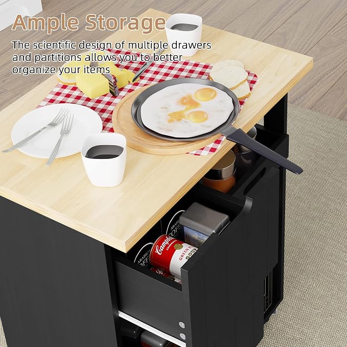 Shintenchi Kitchen Island Cart with Storage,Rolling Kitchen Island Storage Cabinet,Side Table on Wheels with Worktop,3 Open Shelves and 3 Drawers for Kitchen,Dinning Room, Black - Image 2