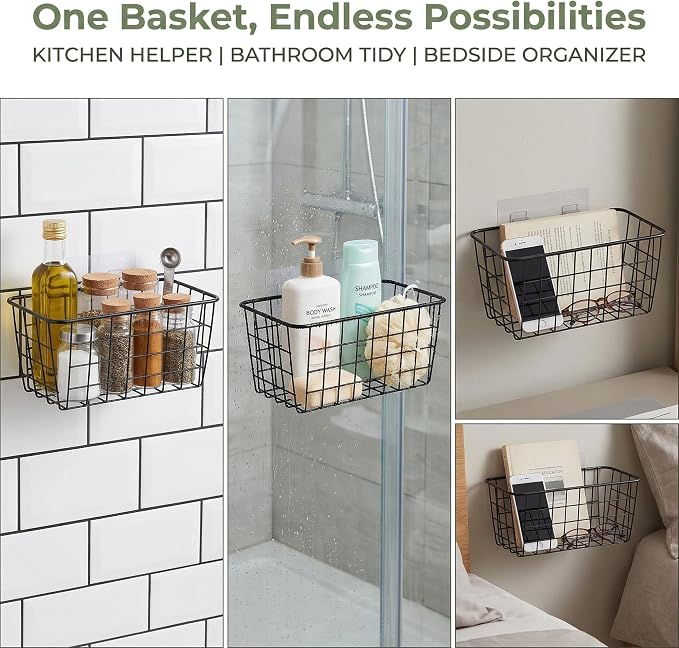 2 Set Adhesive Hanging Wall Basket Inside Cabinet Door Organizer,Wall Storage Basket-No Drilling Adhesive wall Basket for Cupboard Door,Space-Saving Small Hanging Baskets for Wall Mount Storage,Black - Image 12