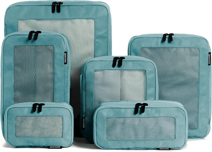 Compression Packing Cubes for Travel, 6-Pack, Teal | Solves overpacking, 6-Piece set fits most suitcases, 50% Space savings, Compression luggage organizer bags by Aerotrunk