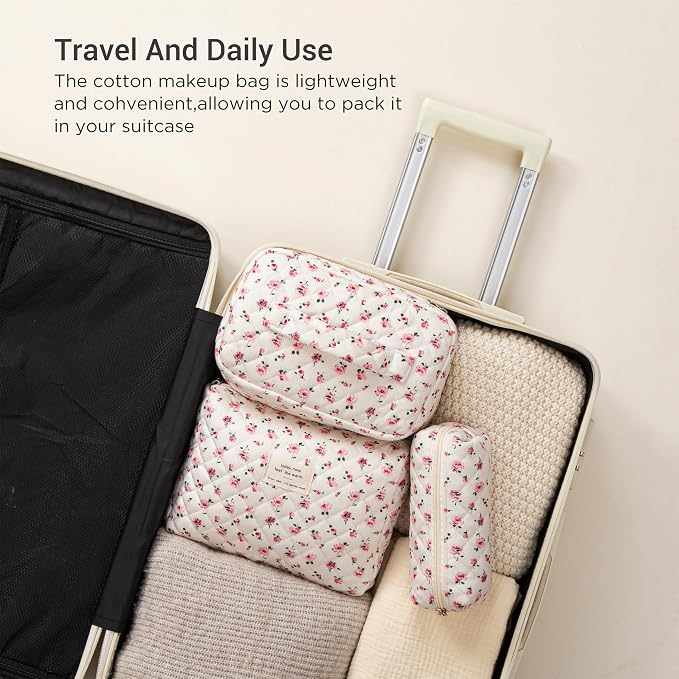 HBselect Quilted Makeup Bag, 3Pcs Cotton Large Travel Makeup Bags Organizer | Cute Floral Make up Bag Cosmetic Bag Toiletry Bag for Women Girls, Makeup Pouch for Skincare, Brushes & Travel Essentials - Image 4