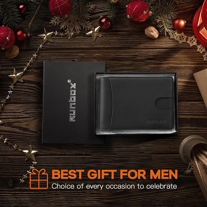 RUNBOX Slim Wallet for Men Genuine Leather RFID Blocking Bifold Minimalist Front Pocket Mens Wallet with Money Clip Thin Gift Box - Image 4