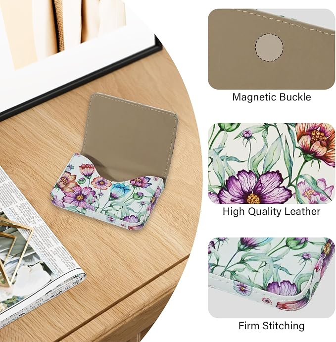 Business Card Holder，PU Leather Business Card Case Color Printing Pattern Card Holder Wallet，Pockets Magnetic Credit Card Holders for Men and Women - Colorful Daisy - Image 2