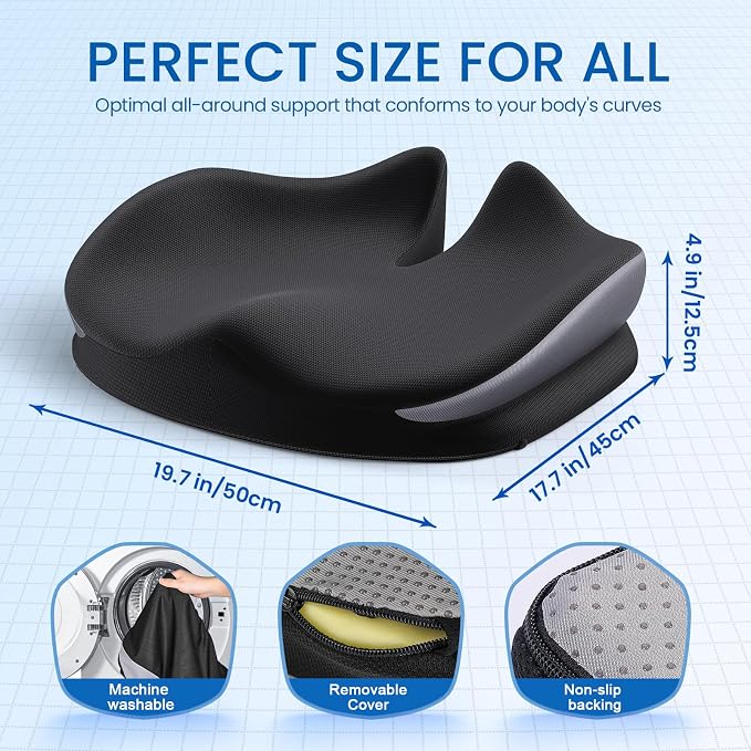 Benazcap Large Seat Cushion for Office Chair Memory Foam Coccyx Pain Relief Cushion Pillow for Back Support Non-Slip Seat Pad - Image 2