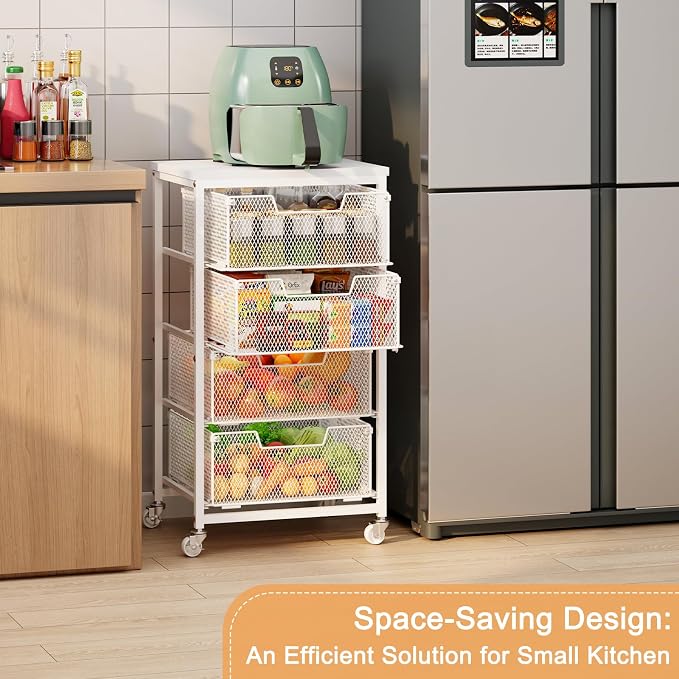 4-Tier Kitchen Storage Cart - Fruit Vegetable Storage Cart with Drawers, Wooden Top Metal Wire Kitchen Organizer and Storage Cart with Wheels to Storage Onions Potatoes Cans Snacks for Kitchen - Image 9