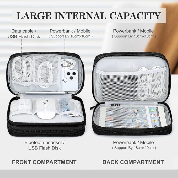 FYY Electronic Organizer, Travel Tech Pouch Bag, Large, Black | Wrist Strap, Waterproof, Double Layers Portable Electronics Travel Carrying Case for Cord, Charger, Daily Business Trips Use - Image 3