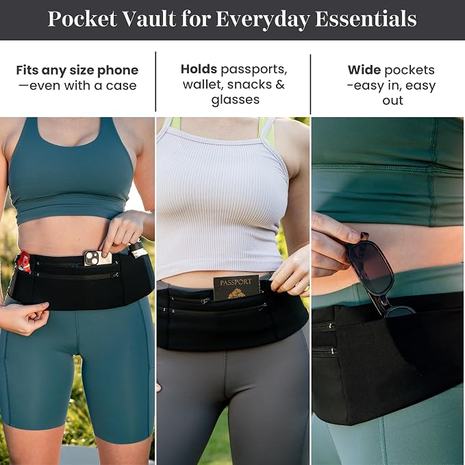 Running Belt Money Belt, 3 Large Zippered Pockets | Fanny Pack - Adjustable No-Bounce, 1 Waterproof Pocket, Water Bottle Holder, Key Clip, Fits Phone, Passport & More - Image 2