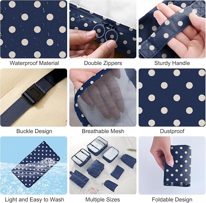 Packing Cubes for Travel - 8 Set Luggage Organizer Bags for Family, Mesh Breathable Packing Cubes for Suitcases Durable Travel Essentials Bags Set (Polka Dots) - Image 6