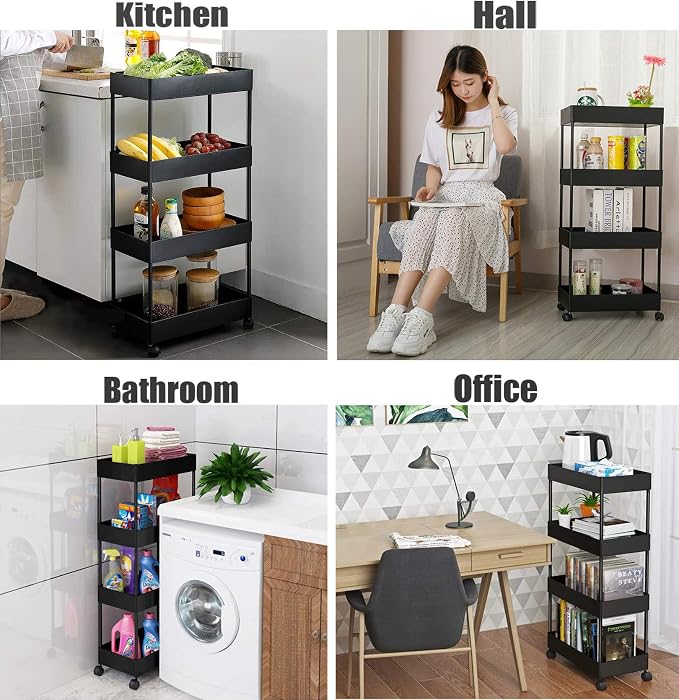 4 Tier Slim Rolling Utility Kitchen Cart Bathroom Organizer for Narrow Places Multipurpose Storage Shelve Mobile Trolley for Bedroom Laundry Office Restaurant Garage Pantry (Black) - Image 3