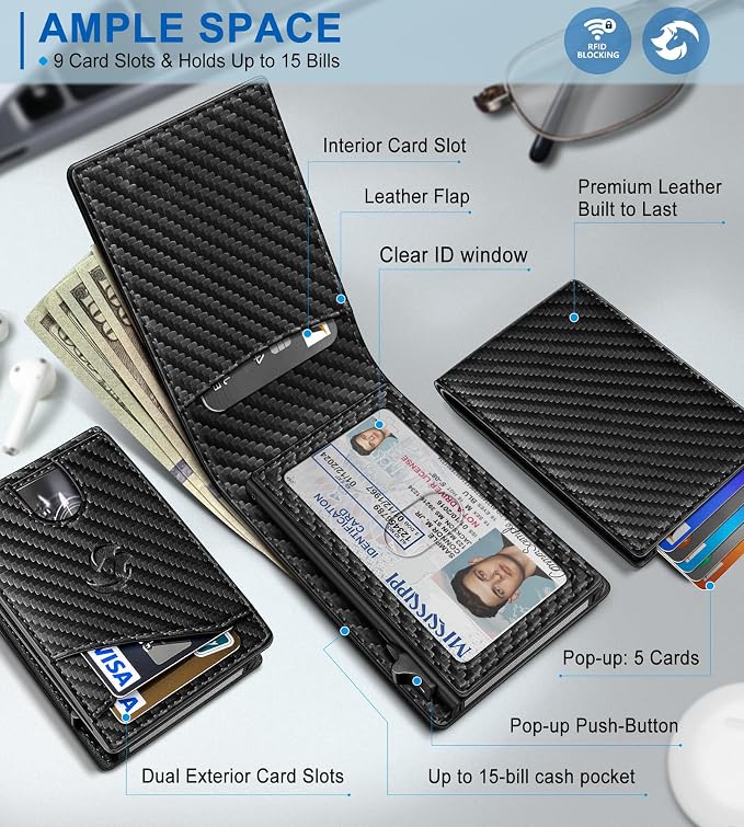 Wallet for Men, Slim Pop Up Card Holder with RFID Blocking, Minimalist Bifold Wallet with 9 Card Slots, ID Window and Cash Pocket, Metal Flip Case with Magnetic Closure, Gift Box - Image 2